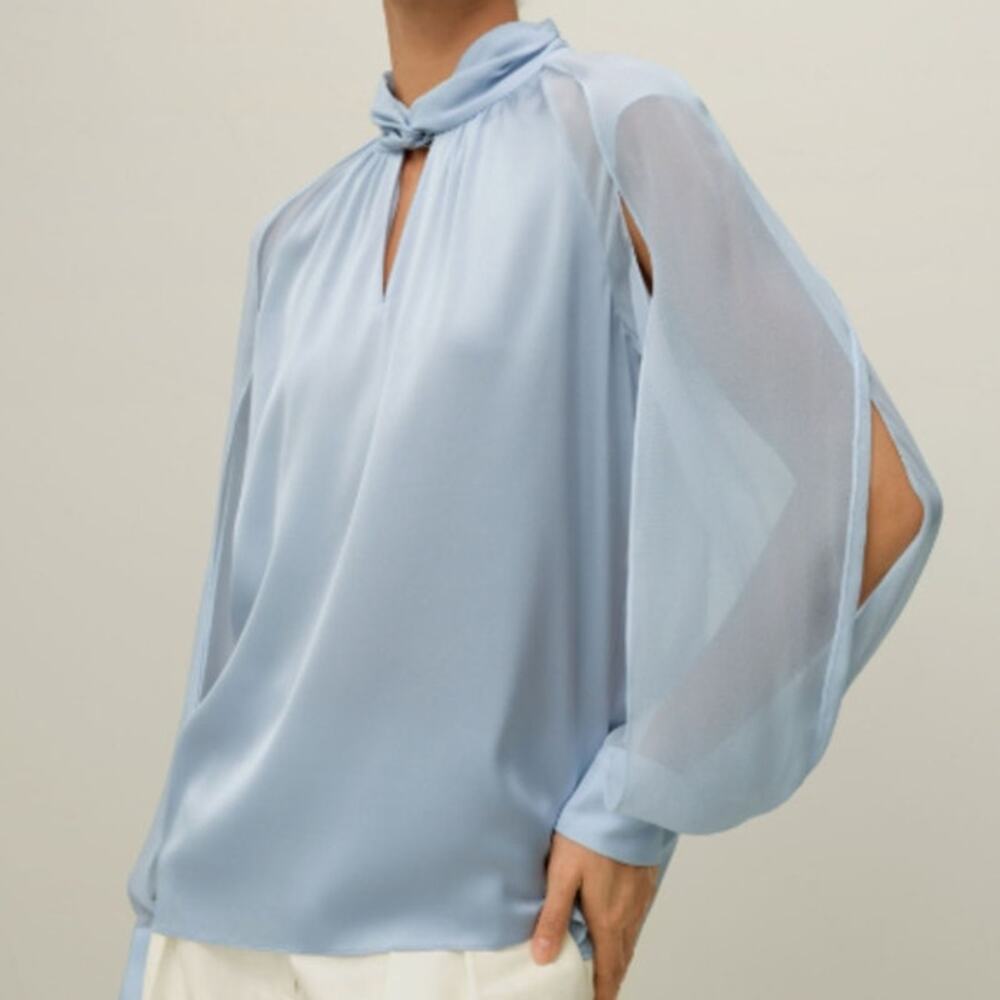 Lilysilk Side Slit Lantern Sleeve Blouse Illusion Blue Size M
